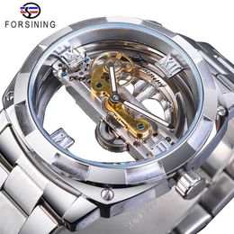 Forsining Men Transparent Design Mechanical Watch Automatic Silver Square Golden Gear Skeleton Stainless Steel Belts Clock Saati Y275j