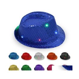 Party Hats Mens Flashing Light Up Led Fedora Trilby Sequin Fancy Dress Dance Hat For Stage Wear Drop Delivery Home Garden Festive 277K