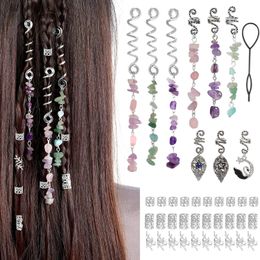 Microbeads 40pcs Silver Color Stone Pendant Hair Ring Dreadlock Beads Hair Accessories for Braids Clip In Hair Beads Hair Jewelry 231208