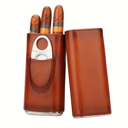 Premium 3-Finger Brown Leather Cigar Case with Cedar Wood Lined Humidor & Silvery Stainless Steel Cutter