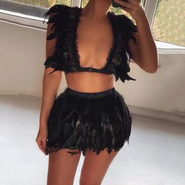 Work Dresses Goth Fluffy Feather Two Piece Set Women Sexy Elastic Band Crop Top Mini Skirt Stage Performance Costume Clubwear Clothing Suits