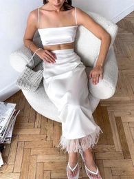 Work Dresses Oiinaa Imitation Silk Commuter Skirt Suit White Square Neck Suspenders Feather Two Piece Set Women Elegant Lady Sets