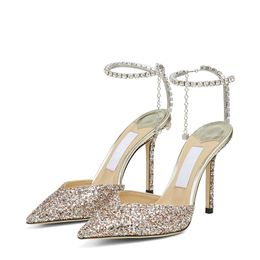 Famous Summer Women Pumps Sandals Deluxe SAEDA 100 mm Italy Ladies Classic Pointed Toes Crystal Ankle Strap Sequins Design Evening Dress Sandal High Heels Box EU 35-43