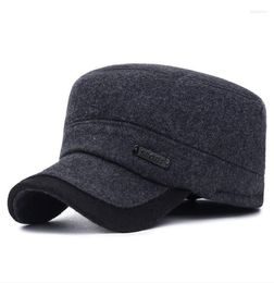 Autumn Winter Thick Flat Top Hats For Men Military Cap With Ear Flaps Army Sailor Captain Caps Dad Hat Wide Brim Delm224373933