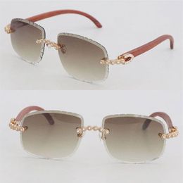 Designer Moissanite Diamond Set Rimless Sunglasses Womans Design Original Wood Men Glasses Oval Shape Face Carved lens Big Stones 317b