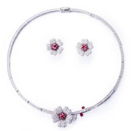 Wedding Jewellery Sets CWWZircons Druzy CZ Stone Big Red Flower Bridal Choker Necklace and Earrings Party Costume for Brides T0518 231208