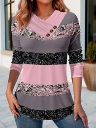 Women's Blouses Autumn striped colorful floral sweater for women's casual fashion slim fit T-shirt long sleeved V-neck button up women's top 231209