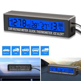 New 4 IN 1 Mini Electronic Car Clock Car Inside Outside Temperature Thermometer Battery Voltage Monitor Metre with Cigarette Socket