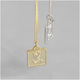 Charms 925 Sterling Sier Rose Flower Necklaces Simple Geometric Square Pendant Necklace For Women Joyas De Plata Jewellery Drop Delivery Dh0Of