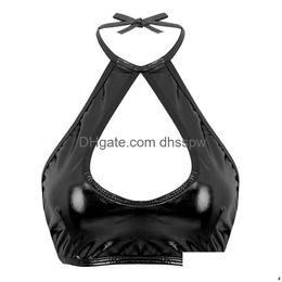 Bras Sets Wetlook Sexy Candy Colour Crop Tops Halter Hollow Out Bandage Pu Leather Shiny Pole Dance Clubwear Camisole Exotic Tank Cam Dhvga
