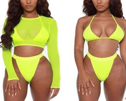 3 piece Neon green bikini swimsuit women Sexy Long Sleeve swimwear women high waist bikini set High cut bathing suit 2103221226494