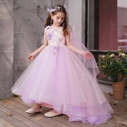 Classy Long Flower Girl Dresses Jewel Neck Lace Tulle Sleeveless with Beading Appliques Ball Gown Flower Length Custom Made for Wedding Party