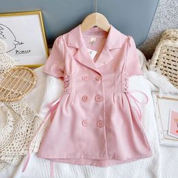Girls Dresses Jacket Summer Clothing Lapel Waist Drawstring DoubleBreasted Solid Colour Fashion Baby Kids Puff Sleeve Dress 231208
