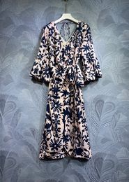 2024 Spring Floral Print Belted Panelled Dress Multicolor Long Sleeve V-Neck Knee-Length Casual Dresses T3N241208