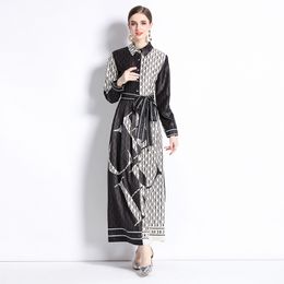 2024 Spring Fashion Runway Shirt Maxi Dress Women Long Sleeve Turn Down Neck Vintage Letter Print High Waist Lace Up Holiday Robes