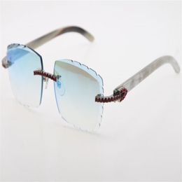 whole Rimless Red Big Stones Sunglasses Optical 3524012-A White Genuine Buffalo Horn glasses High Quality Carved lense Eyewear253W