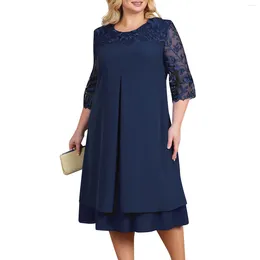 Casual Dresses Oversized Women'S Dress Fashion Loose Fitting Solid Patchwork Lace Half Sleeve Round Neck Layered Hem