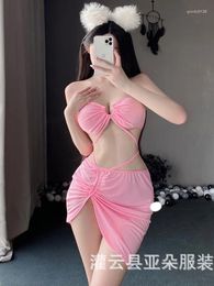 Work Dresses Style Women Hollow Out Solid Colour Erotic Charm Top Sexy Strap High Waist Split Nightclub Short Skirt Set Passionate 1XIG