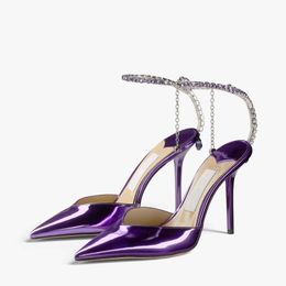 Famous Summer Women Sandals SAEDA 100 mm Pumps In Patent Leather Italy Classic Lavender Pointed Toe Crystal Ankle Strap Designer Fashion Sandal High Heels Box EU 35-43