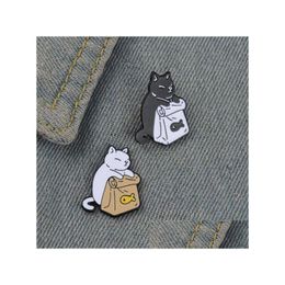 Pins Brooches Feed Myself Enamel Cute Black White Cats Dried Fish Bag Lapel Badge Cartoon Animal Jewelry Gift For Kids Friends Gc1118 Dhwgm