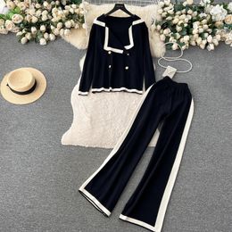 Women's Two Piece Pants Autumn Winter Contrast Knitted 2 Piece Set Women's Double Breasted Sweater Jacket Coat Wide Leg Pants Thick Loungwear Outfits 2024