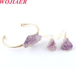 WOJIAER Trendy Gold-color Wrap Jewelry Set Irregular Bangle Bracelets Natural Crystal Stone Hook Dangle Drop Earring BO9402921501