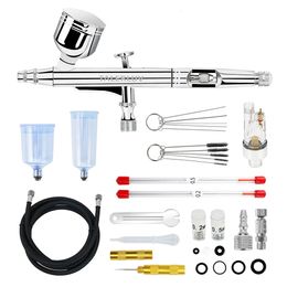 Airbrush Tattoo Supplies Kit DualAction Gravity Spray Gun with 020305mm Needles Set 7cc20cc40cc Cup Air Hose and Cleaning 231208