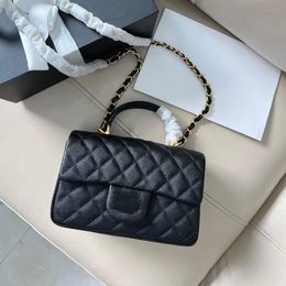 Handle Mini Classic Chain Flap Bags 20cm Caviar Lambskin Leather Women Black White Quilt Crossbody2181