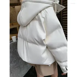 Women's Trench Coats Women Parkas Solid Color Short Cotton Jacket PU Leather White Bread Hooded Woman Clothing 2023