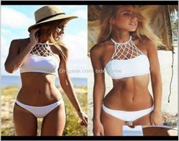 Bikinis Halter Swimwear Bikini Set Pushup Padded Bra Bathing Suit Women Solid White Braided Backless Low Waist Swimsuit Dcwsy Jepl2744776