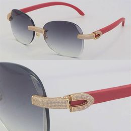 New Micro-paved Diamond Set Rimless Red Wooden Womans Sunglasses Wood Rocks Frame Male and Female Sun Glasses Mens 18K Gold C Deco222O