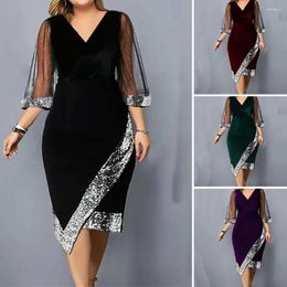 Casual Dresses Women 2023 V Neck Mesh 3/4 Sleeves Lace Elegant Bodycon Vestidos Midi Sequin Formal Party Evening Dress Solid Long Skirt