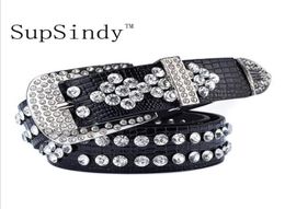 SupSindy women belt pin buckle luxury Rhinestones crocodile PU leather belts for women quality Female strap for jeans black S596223091362