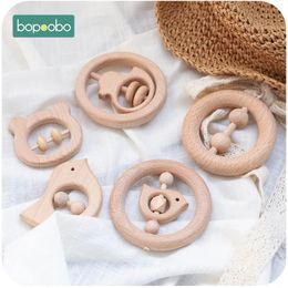 Mobiles# Bopoobo 5pc Wooden Baby Rattle Food Grade Material Baby Toy Wood Ring Baby Teether Crib Mobile Toddler Toys Baby Rattle For Baby 231208