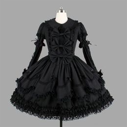 Theme Costume Customised Classic Black Cotton Lolita Dresses Long Sleeve With Removable Layered Cosplay Costume for Girl340e