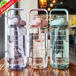 Upgrade Water Bottle 2 Liters with Straw Sports Water Bottle Outdoor Cold Water Cup Transparent Water Cup Time Marked Water Bottle