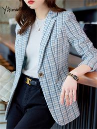 Womens Suits Blazers Yitimuceng Plaid Blazers for Women Office Ladies Fashion Notched Slim Coats Casual Long Sleeve Single Button Chic Jacket 231208