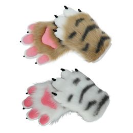 Five Fingers Gloves Women Winter Gloves Cartoon Tiger Paw Shape Warm Thicken Gloves Knit Mittens Furry Cuff Gloves for Girlfriend Presents 231208