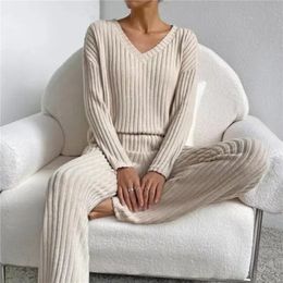 Women's Sleep Lounge Autumn Winter Women Pajamas V Neck Pullover Trousers 2 Piece Sets Knitting Solid Color Sexy Casual Fashion Temperament Set 231208