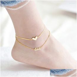 Anklets Fashion Titanium Steel Does Not Fade Gold-Plated Double-Layer Anklet Female Ins Cold And Windy Love Heart Drop Delivery Jewelr Dhjfe