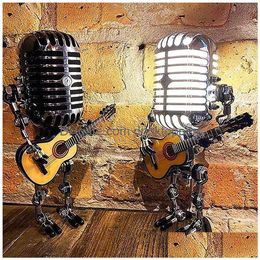 Decorative Objects Figurines Microphone Robot Lamp Vintage Metal Touch Dimmer Table Led Guitar Desk Solar Light 220525 Drop Delive Dhctq
