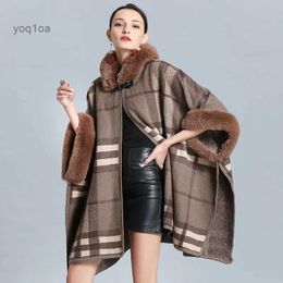 Women's Fur Faux Fur New 2021 Women Hooded Capes Faux Fur Patchwork Knitted Cloak Thick Warm Office Lady's Plaid Poncho Outerwear Jacket Loose CoatsL2310129