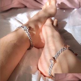 Anklets Rose Sier Colour Cz Cuban Leg Chain Anklet Fashion Women Bling Iced Out Link Pink Butterfly Jewelry223A Drop Delivery Jewellery Dhnhz