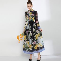 Women's Dress O Neck Long Sleeves Floral Printed High Street Designer Maxi Vestiods with Scarlf