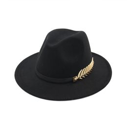 Fedora Hat Men For Woman Woollen Top British Style Gold Leaf Feather Jazz Goth Hats Designer Wedding Wide Brim2084