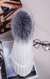 Women Pom Pom Beanies Warm Knitted Bobble Fur Pompom Hats Real Fur Pompon Casual Hat Cap240A8796033