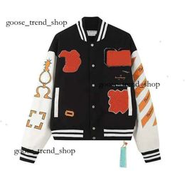 Offs Autumn and Winter Brand Jacket 2023 New Coat Male and Female Lovers OW Heavy Industry Embroidered Wool Spliced Leather Sleeve Bomber 459