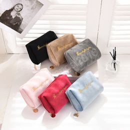 Zipper Large Solid Color Cosmetic Bag Cute Makeup Bag for Women Travel Make Up Toiletry Bag Washing Pouch Plush Lipstick Bag