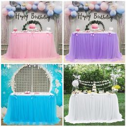 Table Skirt Mesh Gauze Lace Wedding Table Skirt Solid Color Birthday Party Banquet Desk Skirting Celebration Baby SHower Party Decor 231208