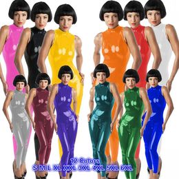 High Quality Shiny Dance Catsuit Zipper Back PVC Jumpsuit Women Sleeveless High Neck Bodysuit Halloween Catwoman Cosplay Costume3083